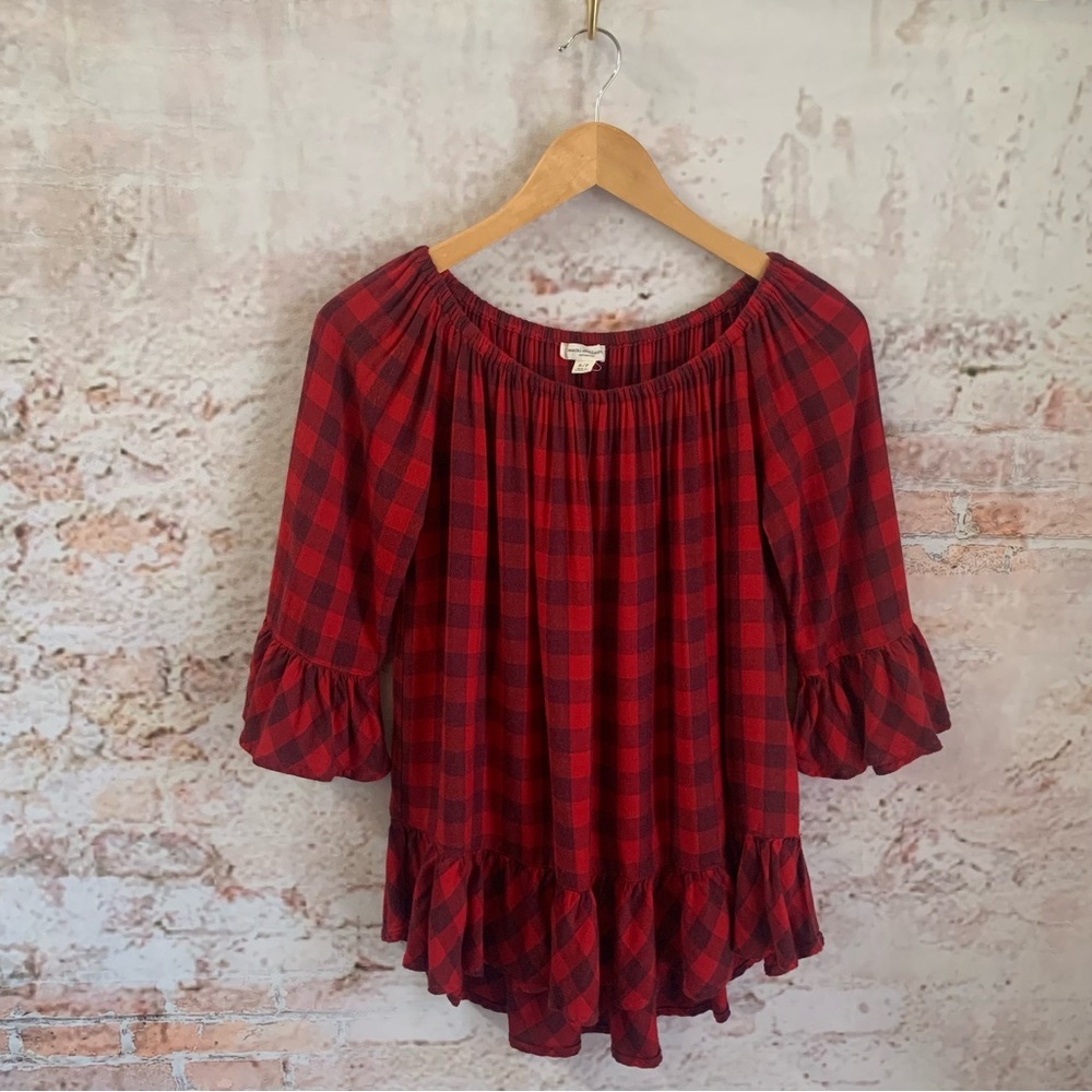 beachlunchlounge Red Plaid Ruffled Off Shoulder Top
